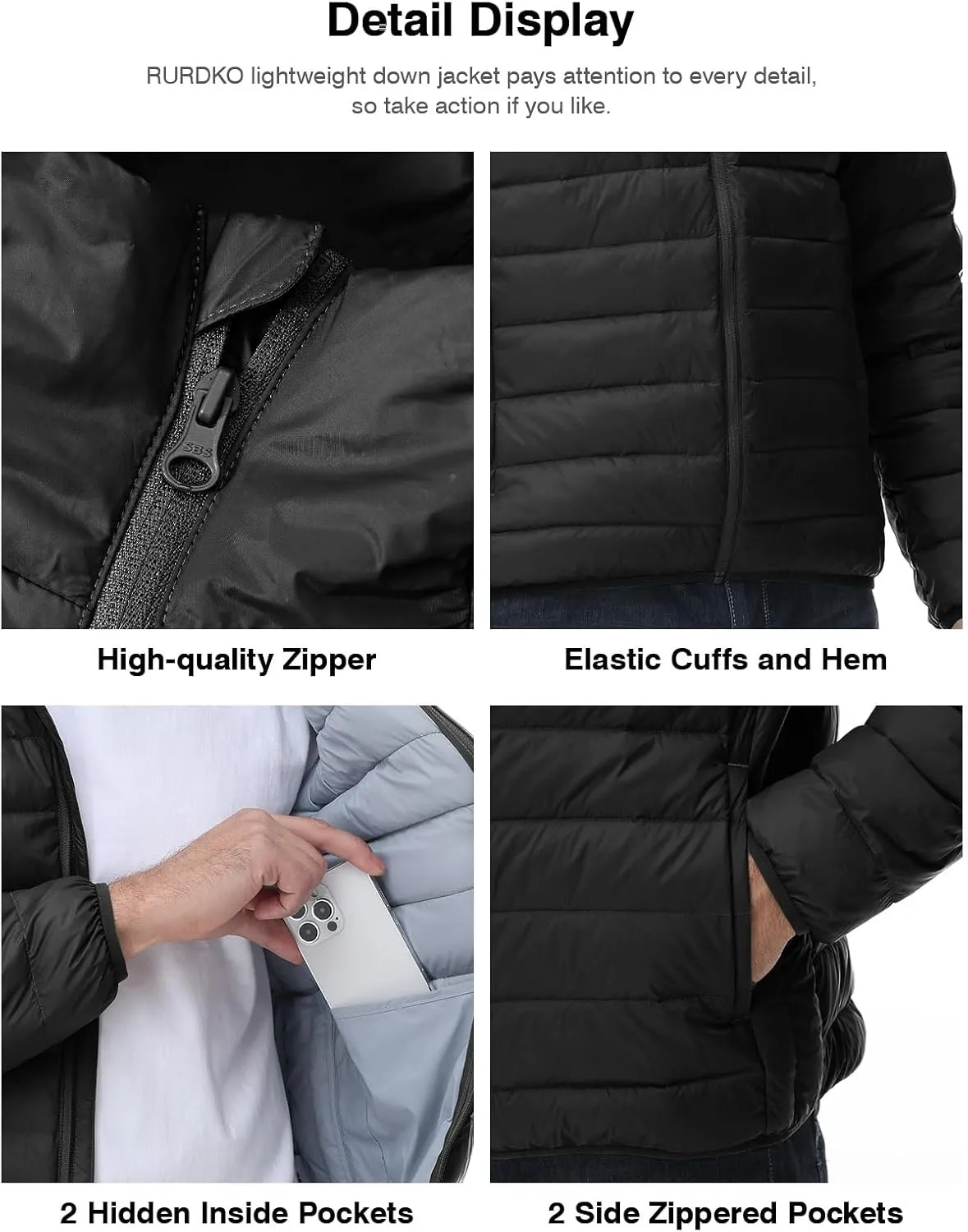 Rdruko Men's Down Puffer Jacket with Hood Packable Lightweight Puffy Hooded Winter Coat Light Thin Insulated Jacket
