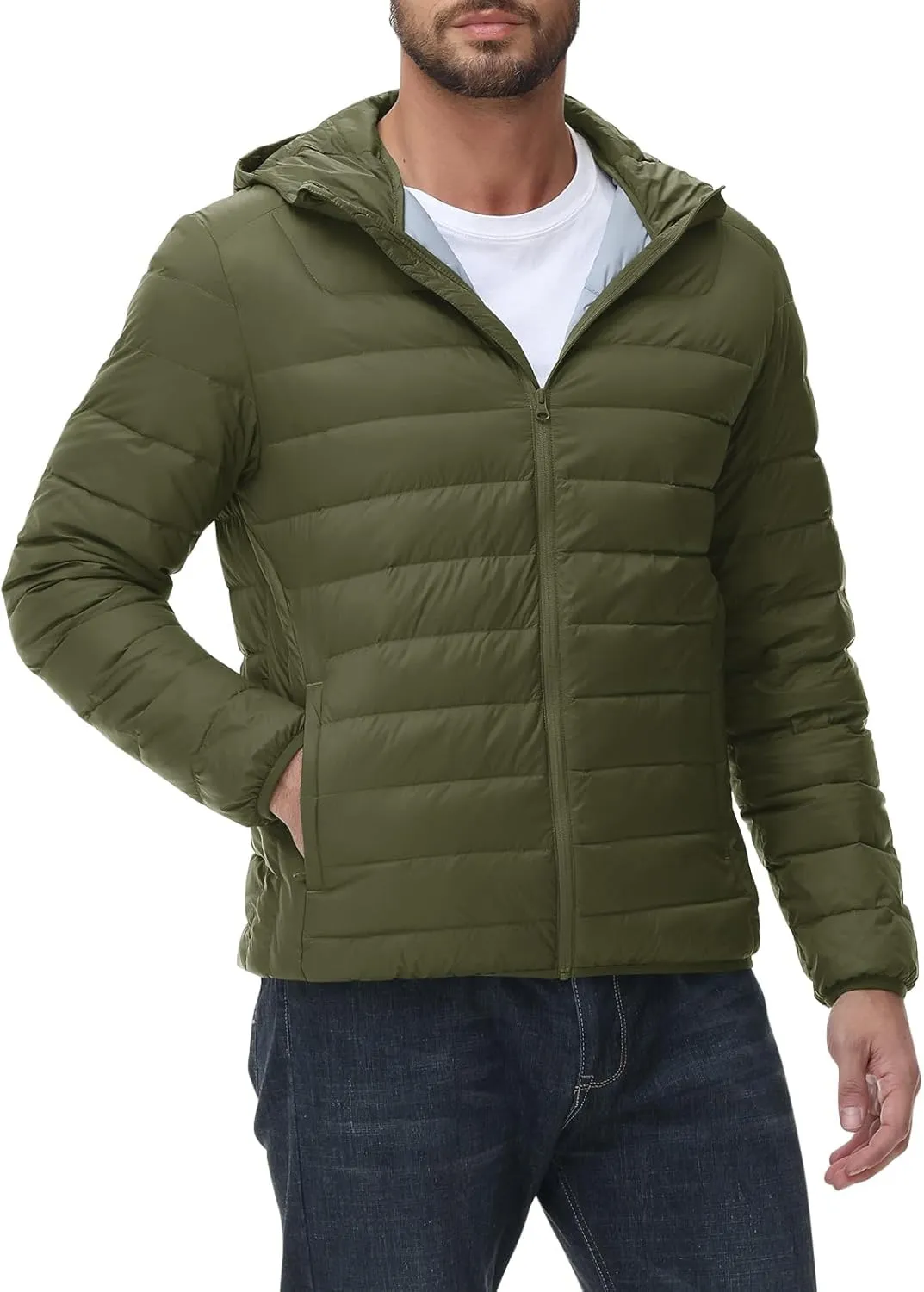Rdruko Men's Down Puffer Jacket with Hood Packable Lightweight Puffy Hooded Winter Coat Light Thin Insulated Jacket