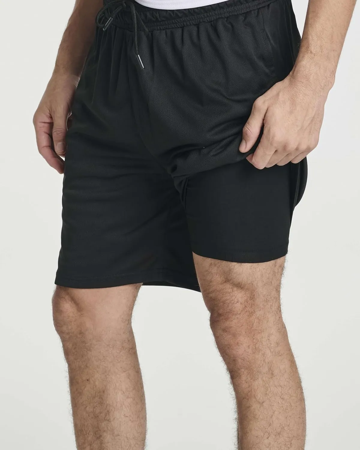 Real Essentials 3 Pack: Men's 2 in 1 Mesh 7" Running Workout Gym Shorts with Compression Liner (Available in Big & Tall)