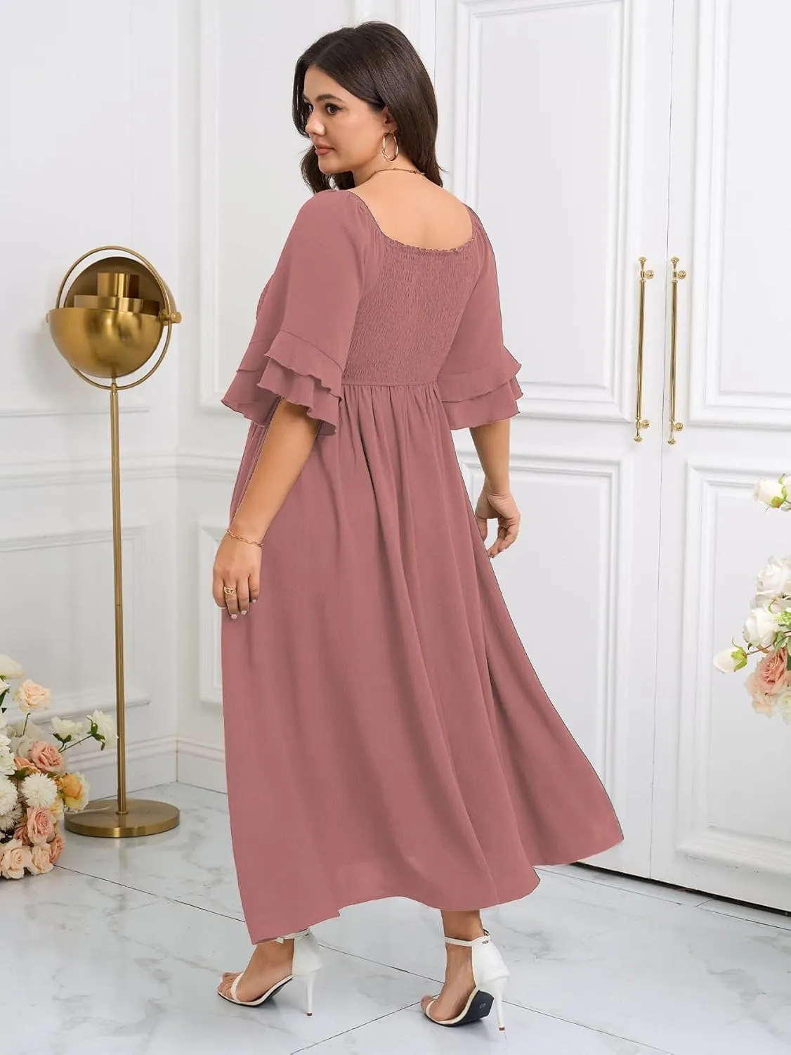 SCOMCHIC Womens Plus Size Maxi Dresses Smocked Square Neck Short Sleeve Wedding Guest Formal Flowy A-Line Long Dress