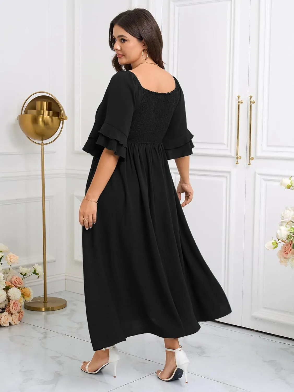 SCOMCHIC Womens Plus Size Maxi Dresses Smocked Square Neck Short Sleeve Wedding Guest Formal Flowy A-Line Long Dress