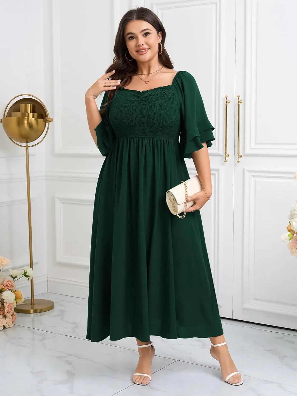 SCOMCHIC Womens Plus Size Maxi Dresses Smocked Square Neck Short Sleeve Wedding Guest Formal Flowy A-Line Long Dress