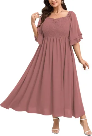 SCOMCHIC Womens Plus Size Maxi Dresses Smocked Square Neck Short Sleeve Wedding Guest Formal Flowy A-Line Long Dress