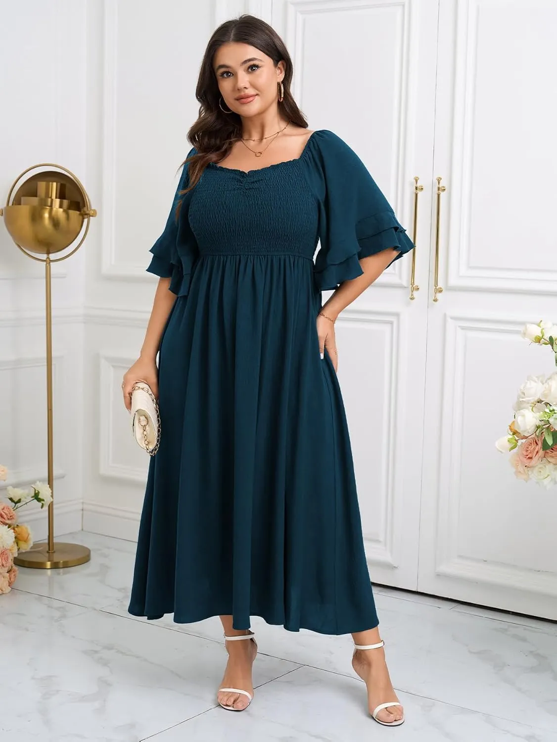 SCOMCHIC Womens Plus Size Maxi Dresses Smocked Square Neck Short Sleeve Wedding Guest Formal Flowy A-Line Long Dress