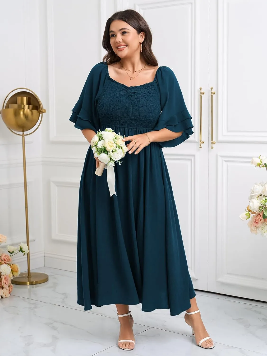 SCOMCHIC Womens Plus Size Maxi Dresses Smocked Square Neck Short Sleeve Wedding Guest Formal Flowy A-Line Long Dress