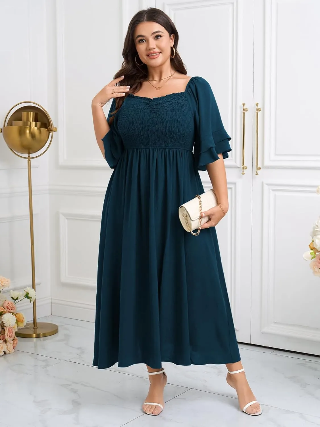 SCOMCHIC Womens Plus Size Maxi Dresses Smocked Square Neck Short Sleeve Wedding Guest Formal Flowy A-Line Long Dress