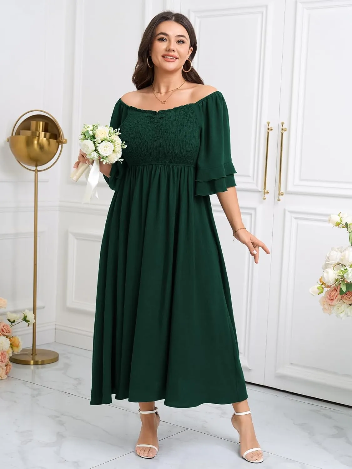 SCOMCHIC Womens Plus Size Maxi Dresses Smocked Square Neck Short Sleeve Wedding Guest Formal Flowy A-Line Long Dress