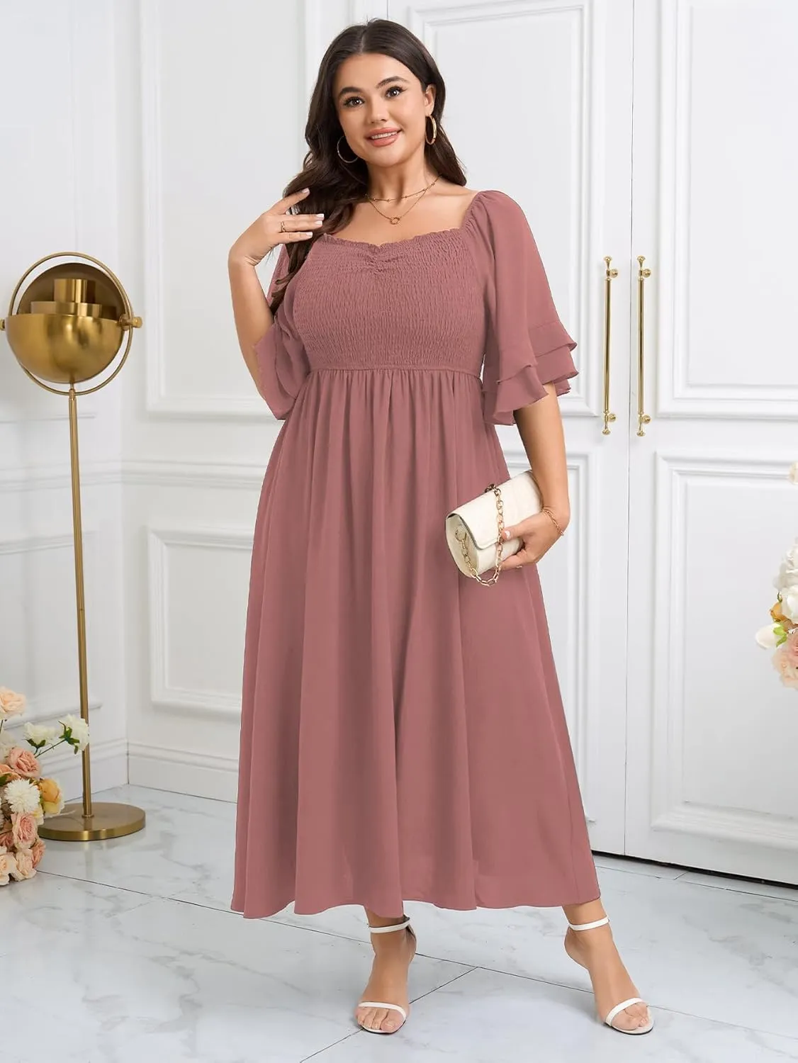 SCOMCHIC Womens Plus Size Maxi Dresses Smocked Square Neck Short Sleeve Wedding Guest Formal Flowy A-Line Long Dress
