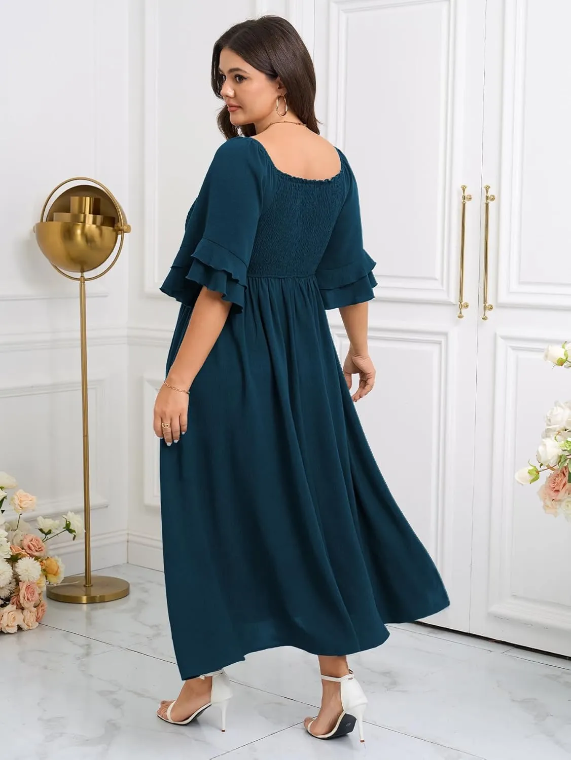 SCOMCHIC Womens Plus Size Maxi Dresses Smocked Square Neck Short Sleeve Wedding Guest Formal Flowy A-Line Long Dress