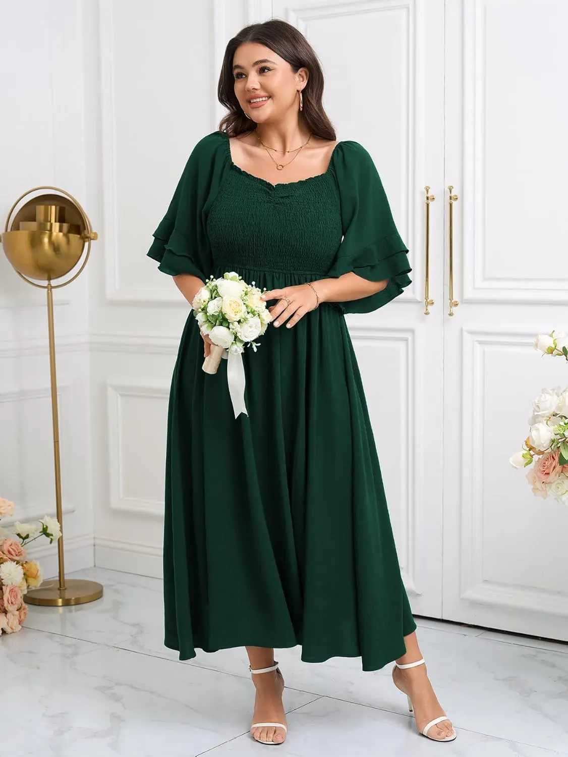 SCOMCHIC Womens Plus Size Maxi Dresses Smocked Square Neck Short Sleeve Wedding Guest Formal Flowy A-Line Long Dress
