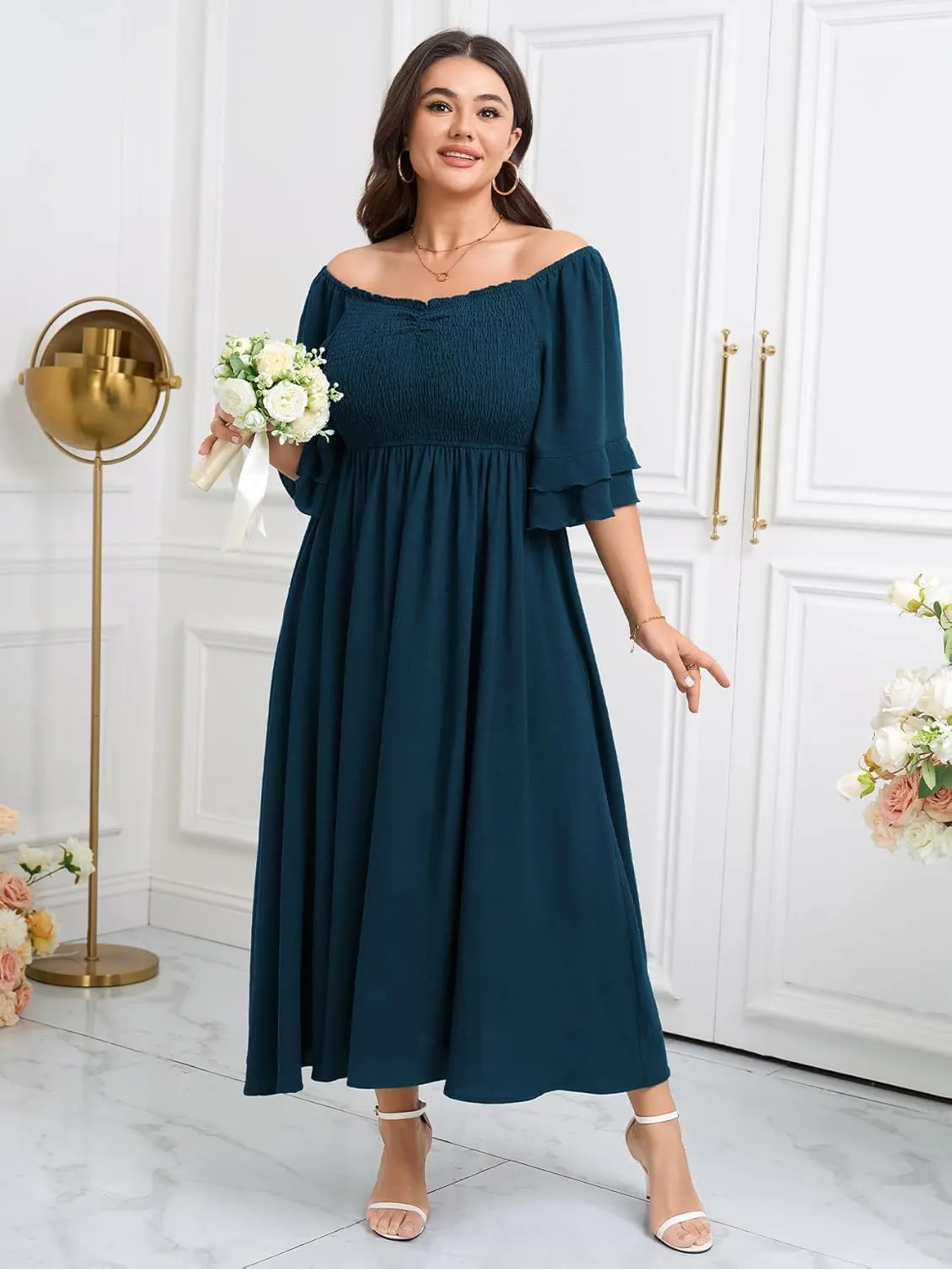 SCOMCHIC Womens Plus Size Maxi Dresses Smocked Square Neck Short Sleeve Wedding Guest Formal Flowy A-Line Long Dress