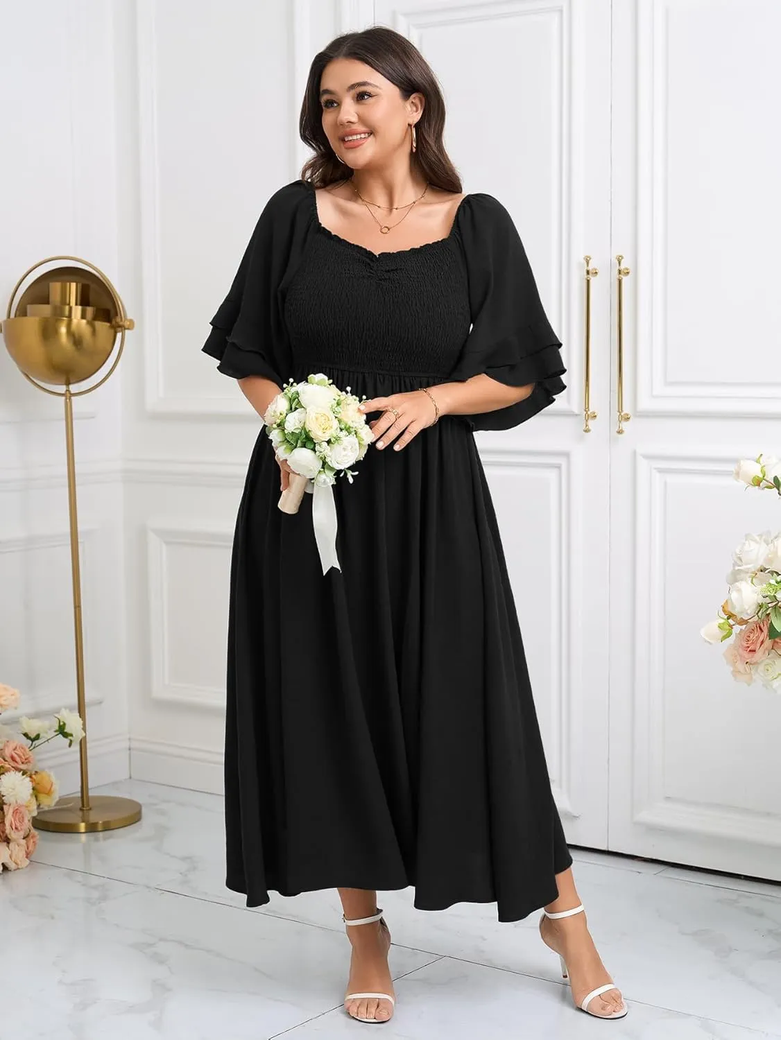 SCOMCHIC Womens Plus Size Maxi Dresses Smocked Square Neck Short Sleeve Wedding Guest Formal Flowy A-Line Long Dress