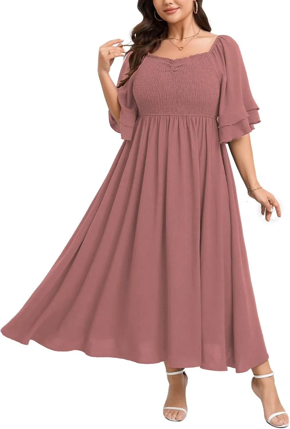 SCOMCHIC Womens Plus Size Maxi Dresses Smocked Square Neck Short Sleeve Wedding Guest Formal Flowy A-Line Long Dress