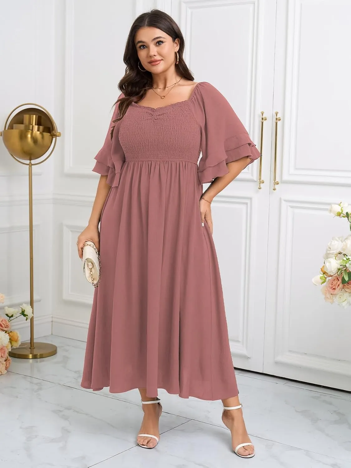 SCOMCHIC Womens Plus Size Maxi Dresses Smocked Square Neck Short Sleeve Wedding Guest Formal Flowy A-Line Long Dress