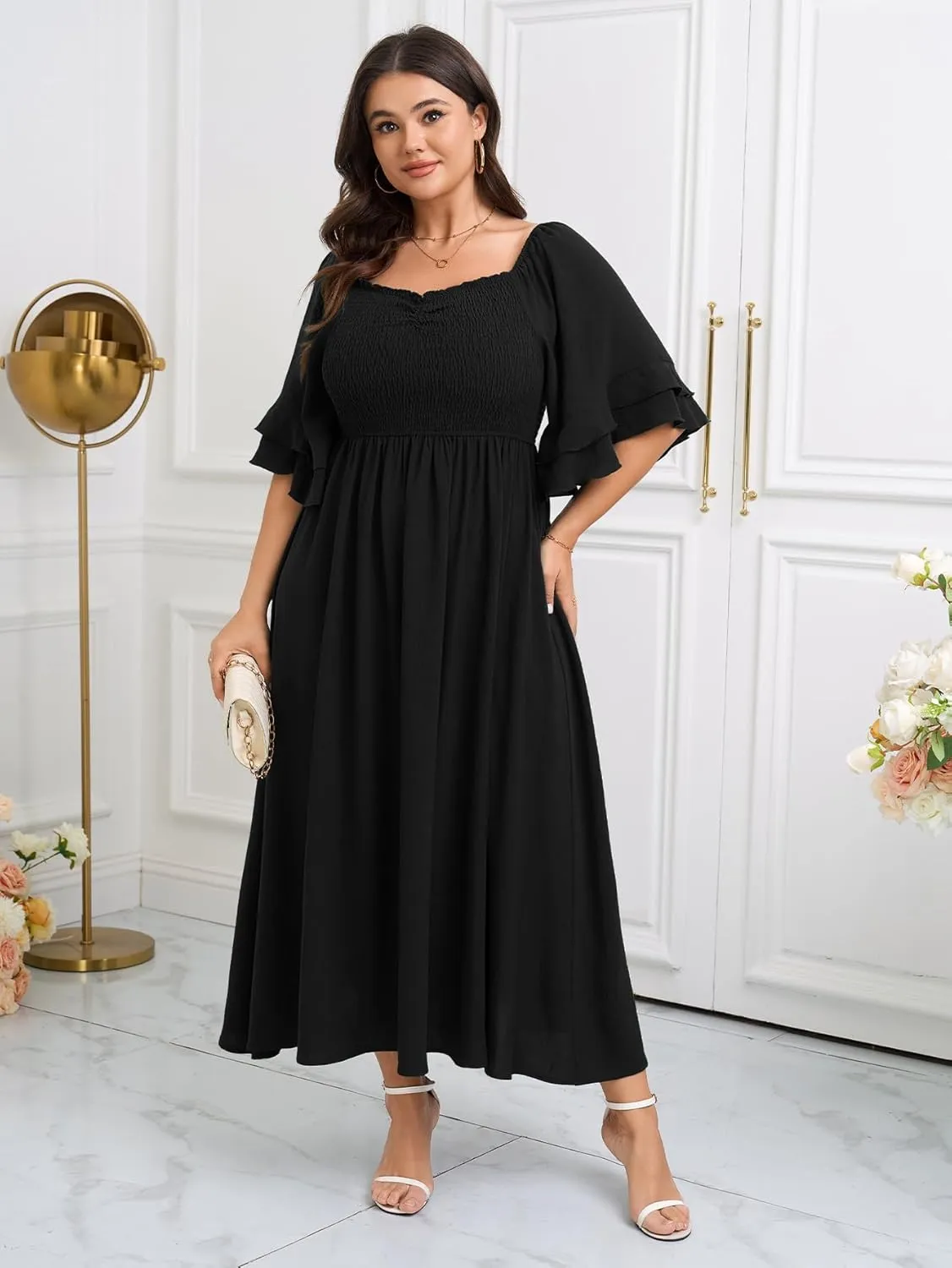 SCOMCHIC Womens Plus Size Maxi Dresses Smocked Square Neck Short Sleeve Wedding Guest Formal Flowy A-Line Long Dress