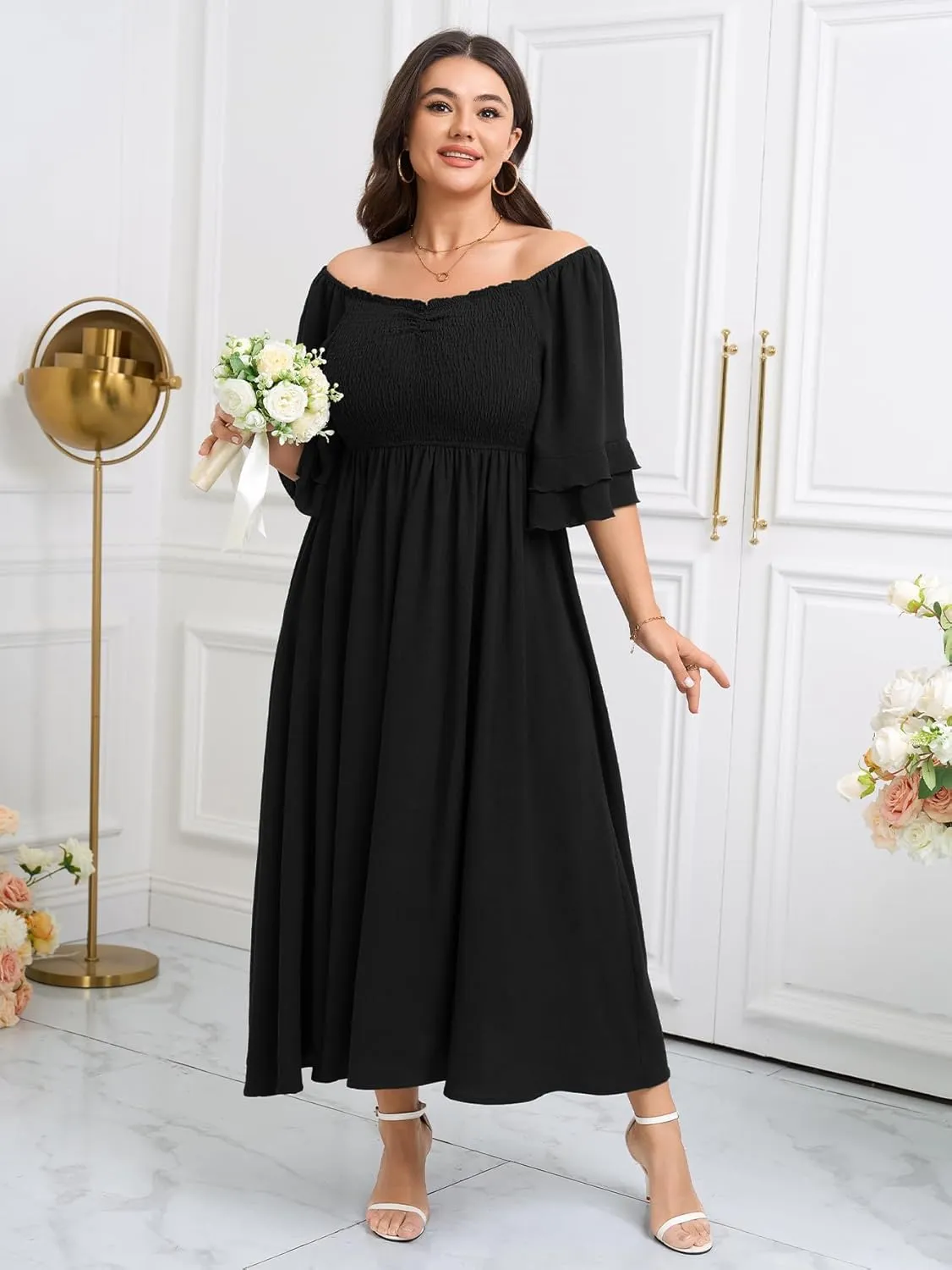 SCOMCHIC Womens Plus Size Maxi Dresses Smocked Square Neck Short Sleeve Wedding Guest Formal Flowy A-Line Long Dress