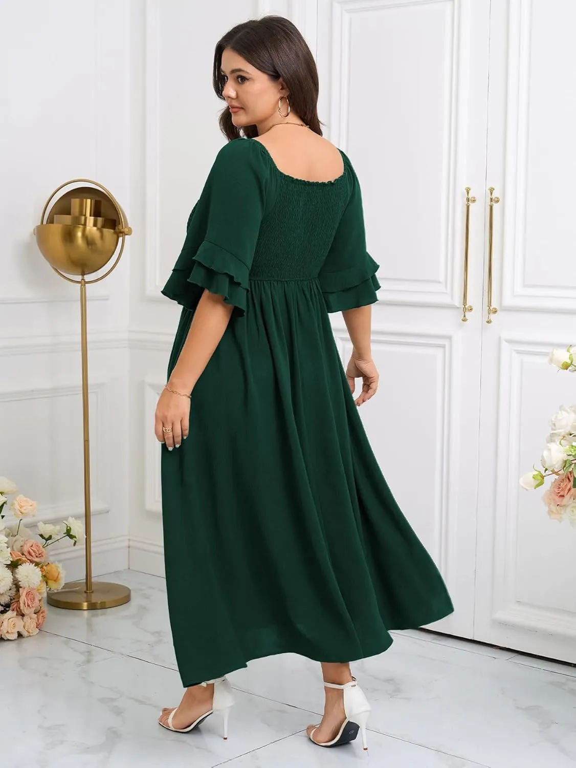 SCOMCHIC Womens Plus Size Maxi Dresses Smocked Square Neck Short Sleeve Wedding Guest Formal Flowy A-Line Long Dress