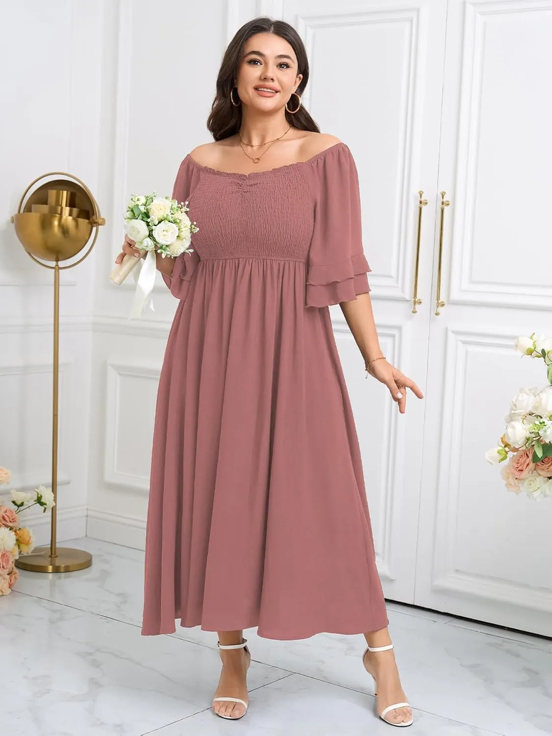 SCOMCHIC Womens Plus Size Maxi Dresses Smocked Square Neck Short Sleeve Wedding Guest Formal Flowy A-Line Long Dress