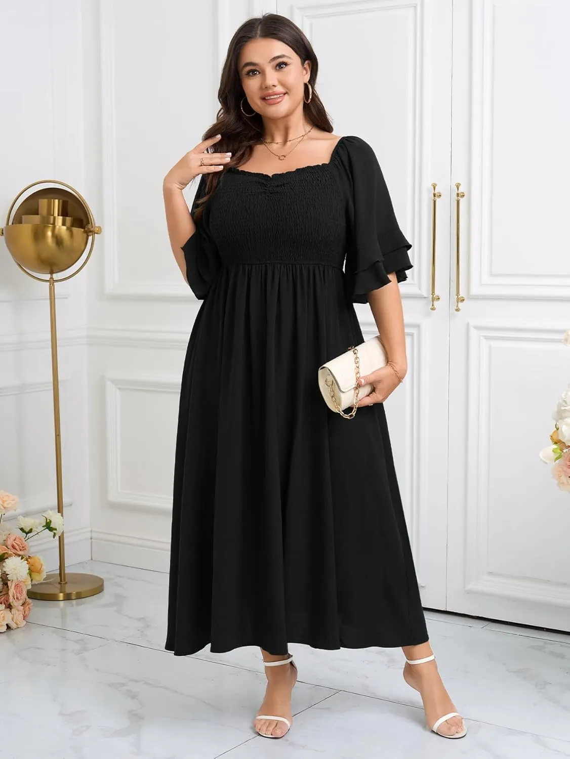 SCOMCHIC Womens Plus Size Maxi Dresses Smocked Square Neck Short Sleeve Wedding Guest Formal Flowy A-Line Long Dress