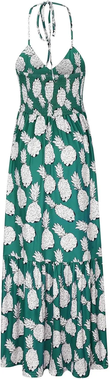 Sexy Maxi Dresses for Women 2024 Bow Tie Pineapple Print Beach Sundresses Spaghetti Strap v Neck Floor Length Dress
