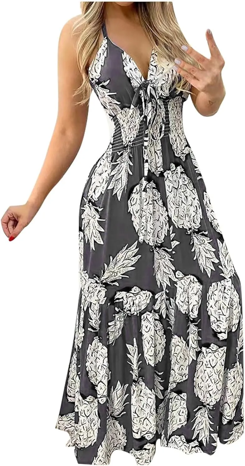 Sexy Maxi Dresses for Women 2024 Bow Tie Pineapple Print Beach Sundresses Spaghetti Strap v Neck Floor Length Dress