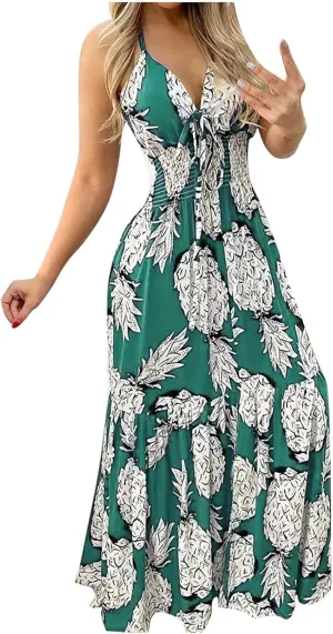 Sexy Maxi Dresses for Women 2024 Bow Tie Pineapple Print Beach Sundresses Spaghetti Strap v Neck Floor Length Dress