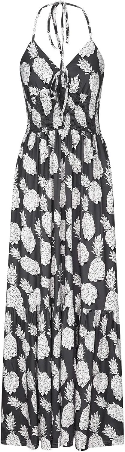 Sexy Maxi Dresses for Women 2024 Bow Tie Pineapple Print Beach Sundresses Spaghetti Strap v Neck Floor Length Dress