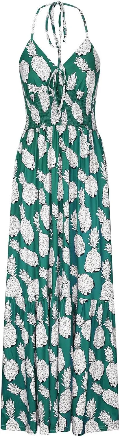 Sexy Maxi Dresses for Women 2024 Bow Tie Pineapple Print Beach Sundresses Spaghetti Strap v Neck Floor Length Dress