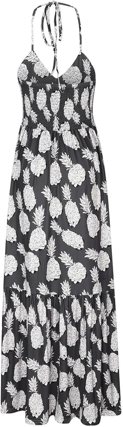 Sexy Maxi Dresses for Women 2024 Bow Tie Pineapple Print Beach Sundresses Spaghetti Strap v Neck Floor Length Dress