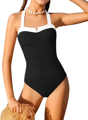Shallmu Girls One Piece Swimsuits Color Block Dual Crossback Straps with Cover Up Skirt Girl's Swimwear 9-16Y