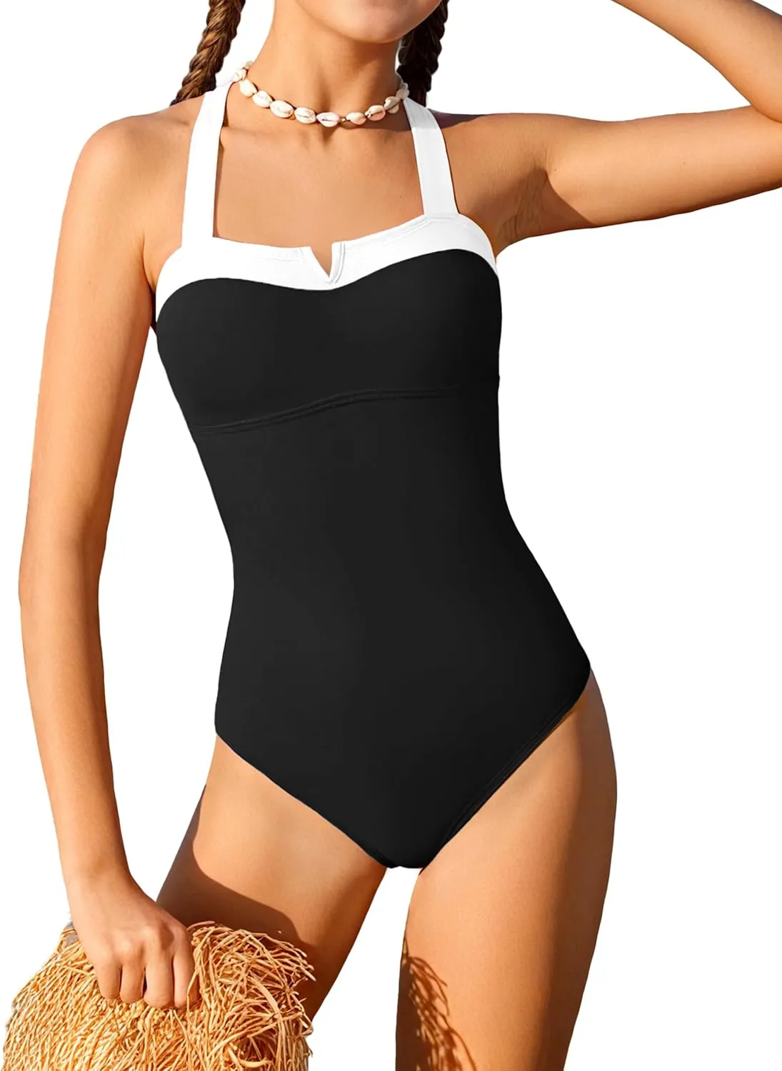 Shallmu Girls One Piece Swimsuits Color Block Dual Crossback Straps with Cover Up Skirt Girl's Swimwear 9-16Y