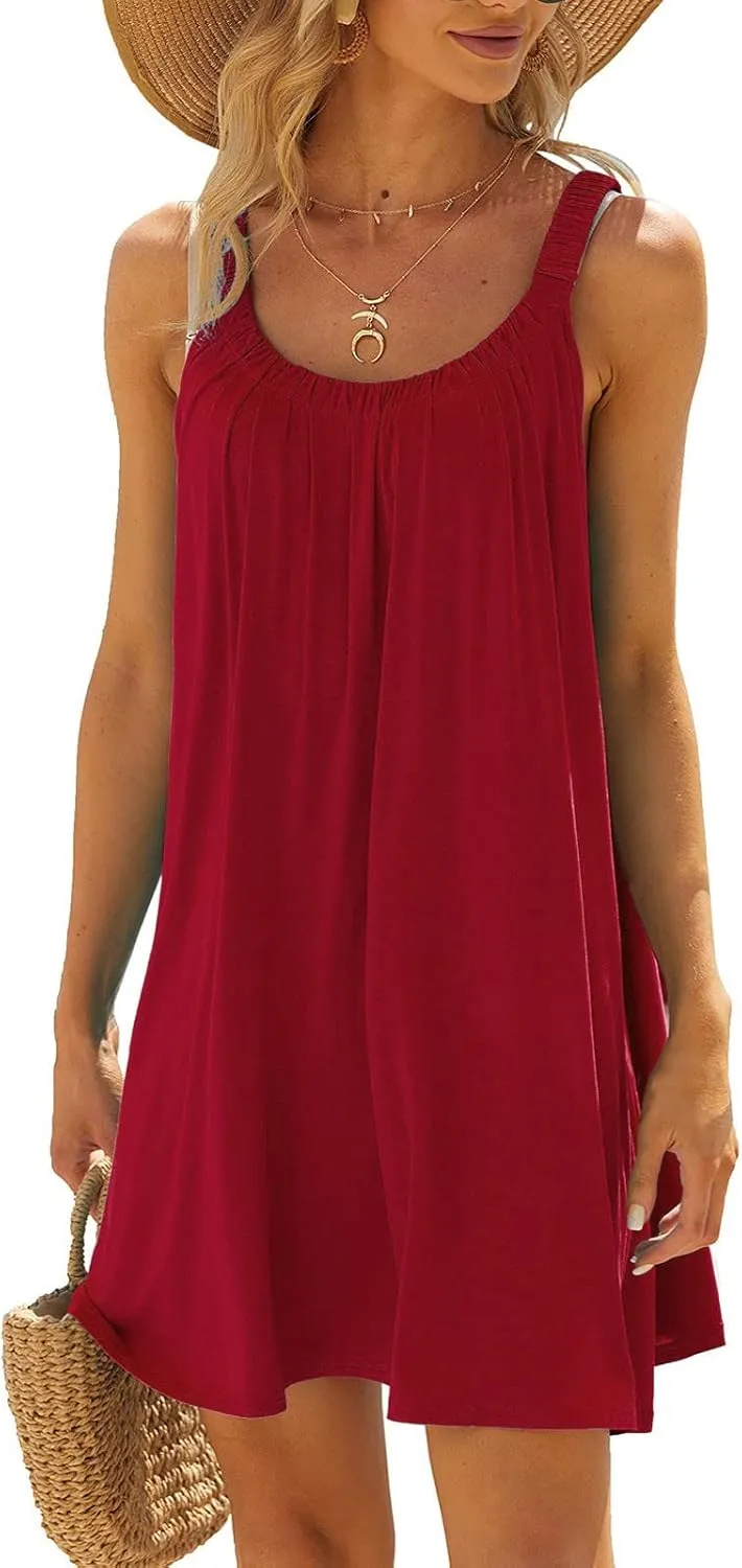 SMIDOW Summer Dresses for Women 2023 Casual Beach Sleeveless Pleated Flowy Sundress Sexy Beach Cover Up Plain Mini Tank Dress