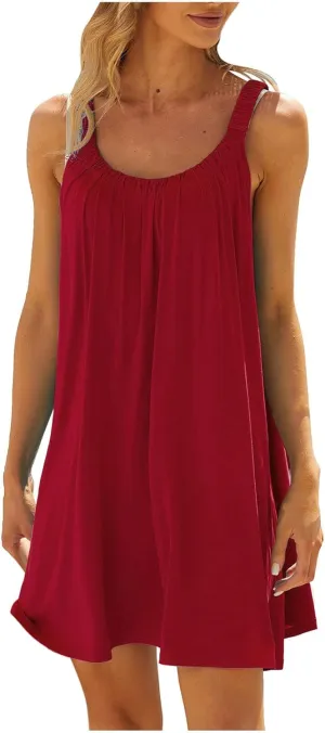SMIDOW Summer Dresses for Women 2023 Casual Beach Sleeveless Pleated Flowy Sundress Sexy Beach Cover Up Plain Mini Tank Dress