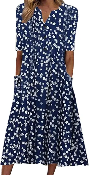 SMIDOW Summer Maxi Dresses for Women 2023 Casual Beach Tshirt Long Dress Printed Short Sleeve v Neck Flowy Sundress