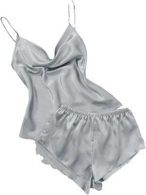 Solid Satin Pajama Set V Neck Camisole Top Elastic Waistband Shorts Women's Sleepwear Loungewear