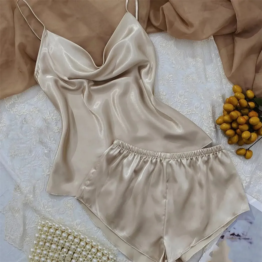 Solid Satin Pajama Set V Neck Camisole Top Elastic Waistband Shorts Women's Sleepwear Loungewear
