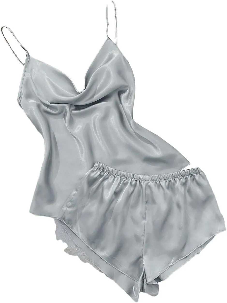 Solid Satin Pajama Set V Neck Camisole Top Elastic Waistband Shorts Women's Sleepwear Loungewear