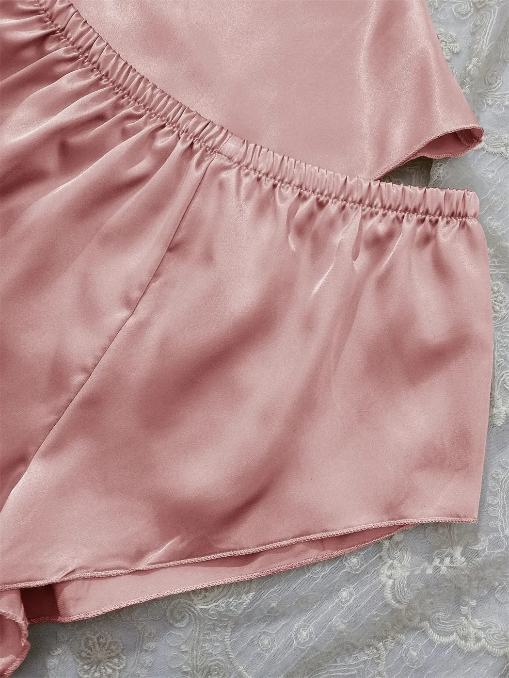 Solid Satin Pajama Set V Neck Camisole Top Elastic Waistband Shorts Women's Sleepwear Loungewear