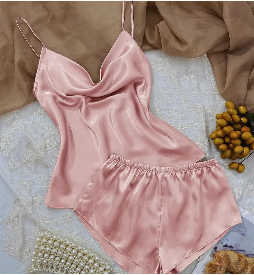Solid Satin Pajama Set V Neck Camisole Top Elastic Waistband Shorts Women's Sleepwear Loungewear