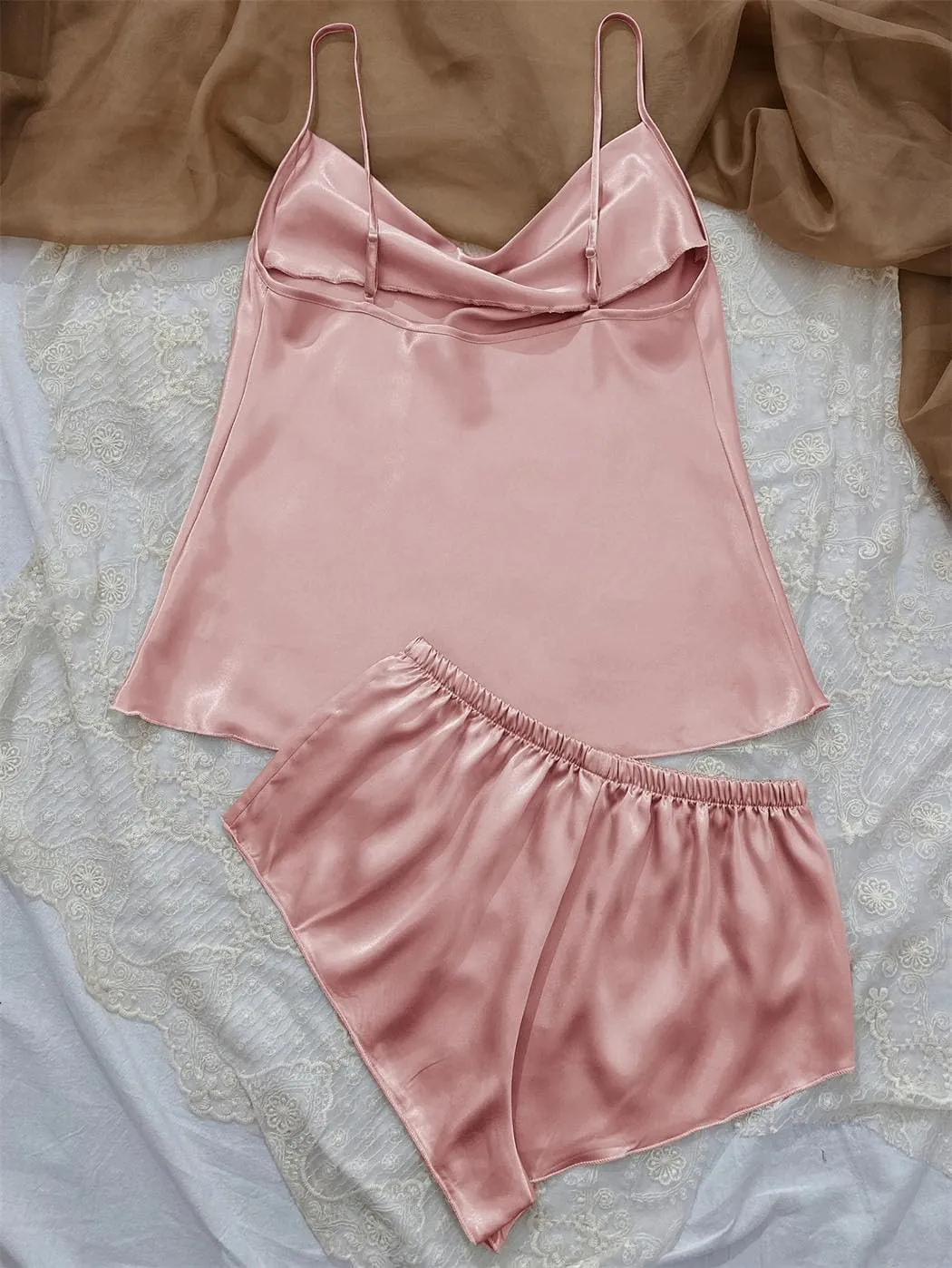 Solid Satin Pajama Set V Neck Camisole Top Elastic Waistband Shorts Women's Sleepwear Loungewear