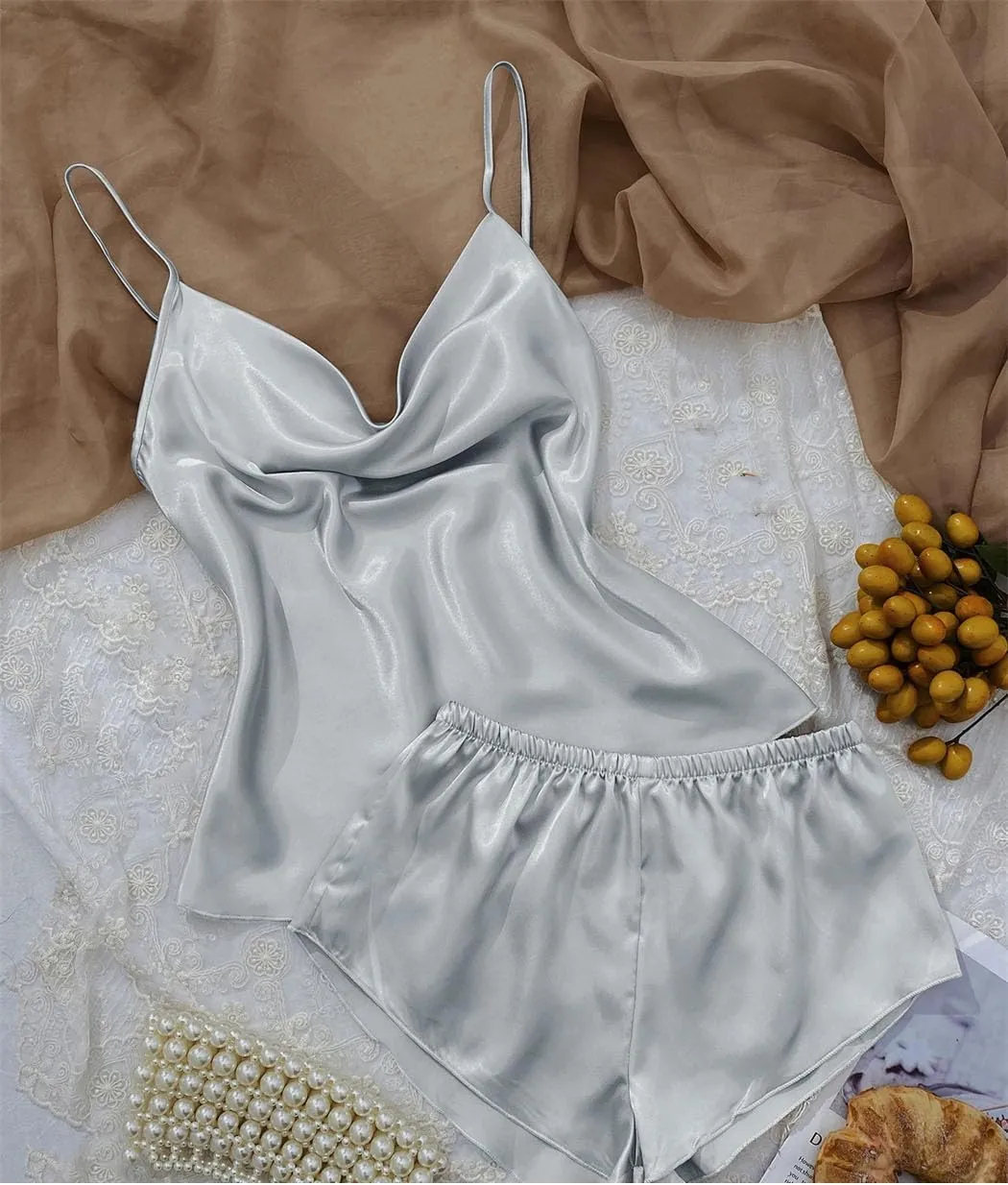 Solid Satin Pajama Set V Neck Camisole Top Elastic Waistband Shorts Women's Sleepwear Loungewear