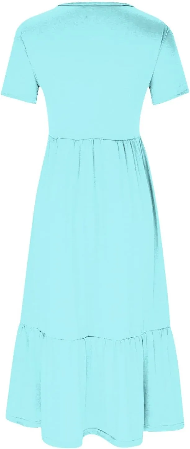 Spring Dresses for Women 2024 Casual Loose Short Sleeve Summer Long Tshirt Dress Flowy Tiered Maxi Beach Sundress