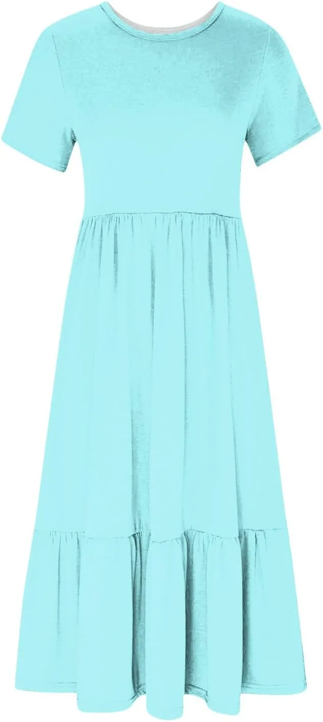 Spring Dresses for Women 2024 Casual Loose Short Sleeve Summer Long Tshirt Dress Flowy Tiered Maxi Beach Sundress