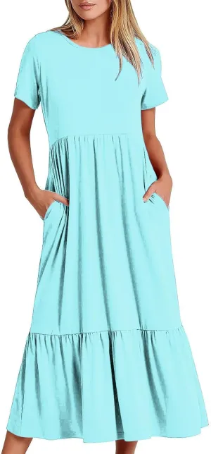 Spring Dresses for Women 2024 Casual Loose Short Sleeve Summer Long Tshirt Dress Flowy Tiered Maxi Beach Sundress