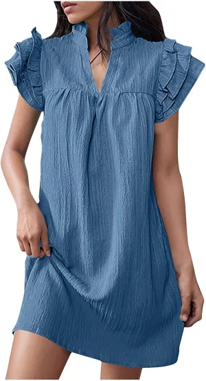 Summer Casual Dresses for Women 2024 Ruffle Short Sleeve Ruched Dresses Solid Color Loose fit Knee Length Dresses