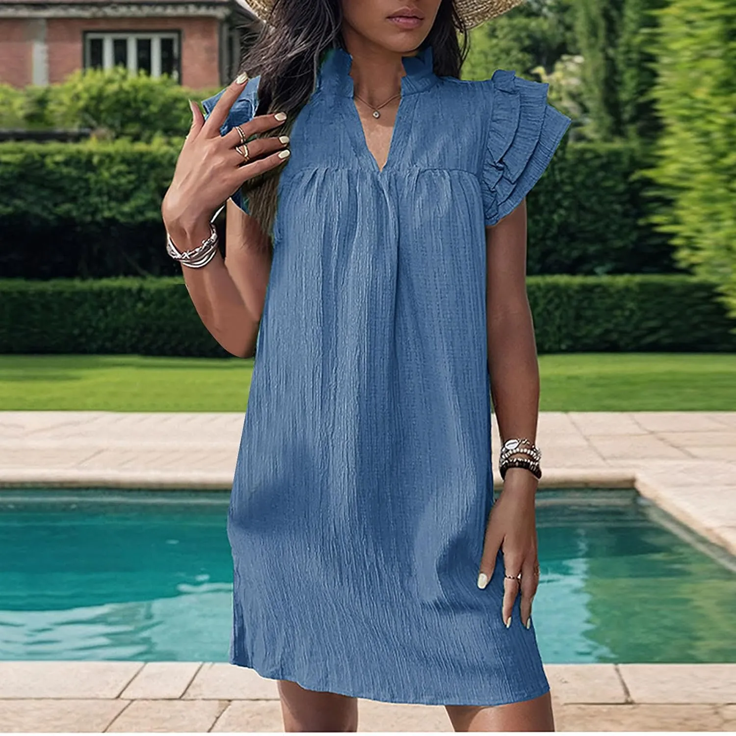 Summer Casual Dresses for Women 2024 Ruffle Short Sleeve Ruched Dresses Solid Color Loose fit Knee Length Dresses