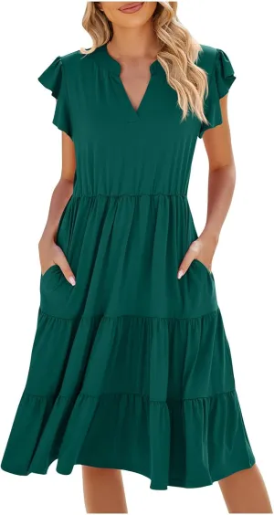 summer dresses for women 2024 casual comfy ruffle short sleeve knee length dresses Tiered v neck midi dresses