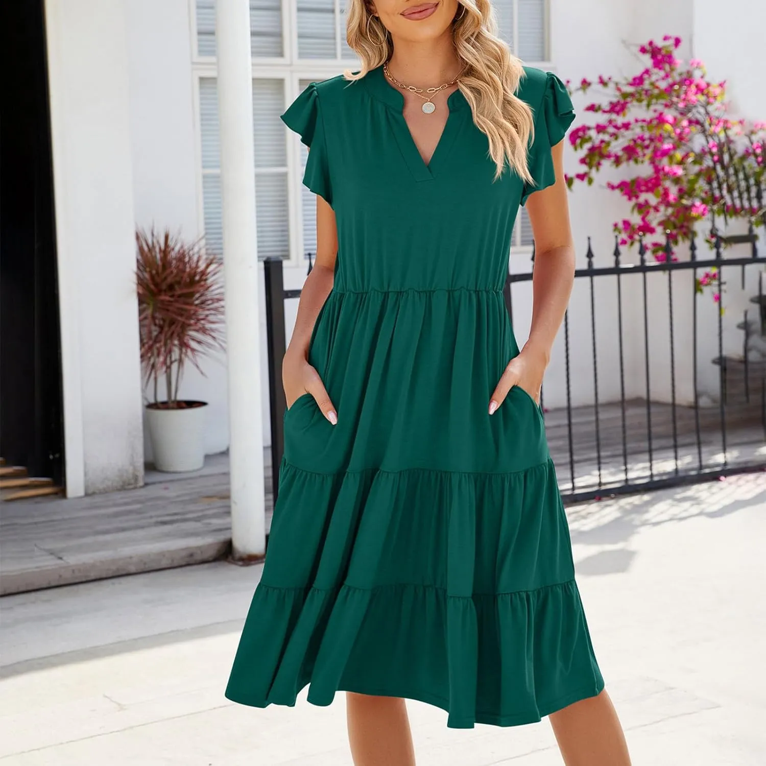summer dresses for women 2024 casual comfy ruffle short sleeve knee length dresses Tiered v neck midi dresses
