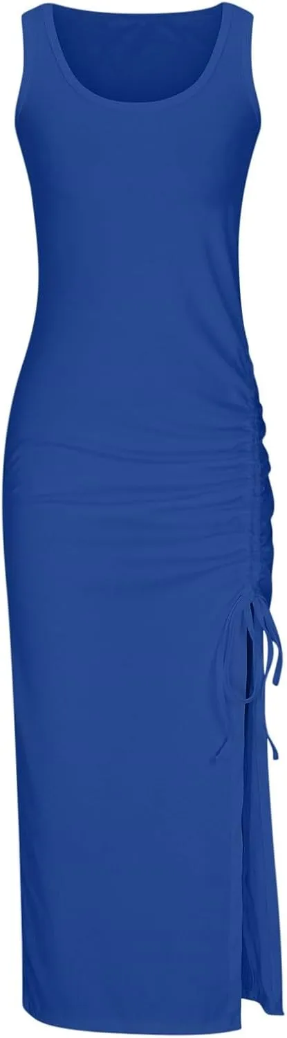 Summer Dresses for Women 2024 Maxi Comfy Sexy Slim Fit Ribbed Tank Top Long Dresses Split Hem Drawstring Dresses