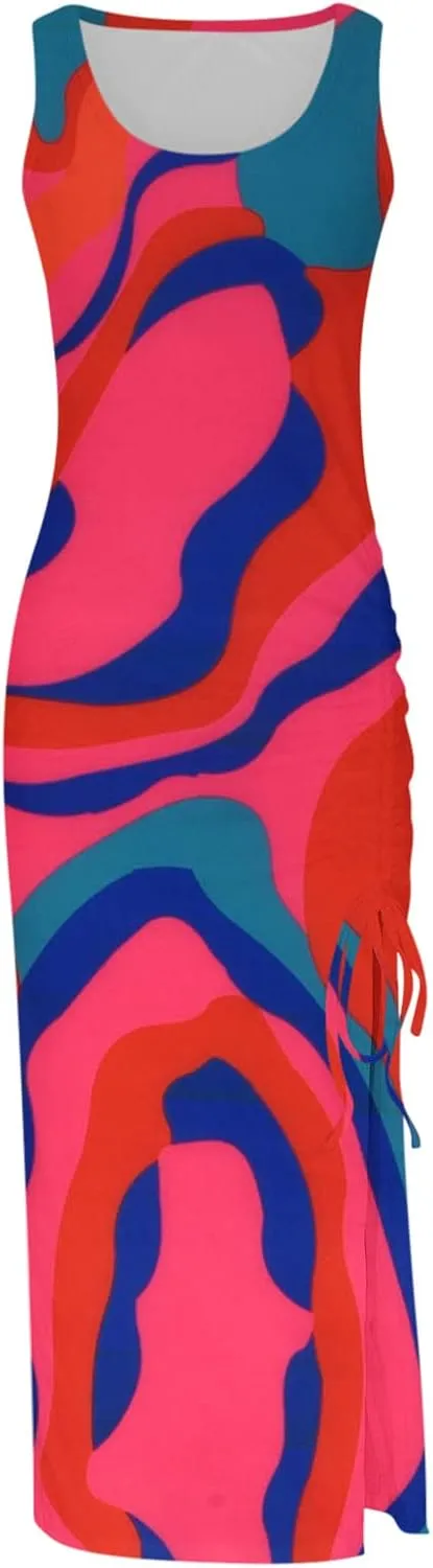 Summer Dresses for Women 2024 Maxi Comfy Sexy Slim Fit Ribbed Tank Top Long Dresses Split Hem Drawstring Dresses